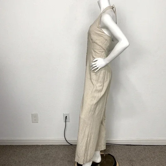 LaScana Cream Linen Blend Button Down Halter Neck Wide Leg Jumpsuit Size 12 - Picture 6 of 10
